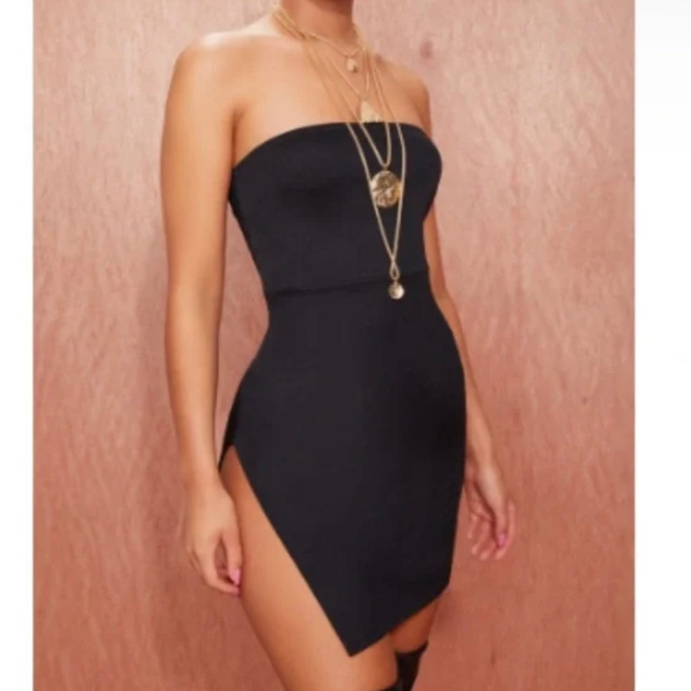 PLT Black Bodycon Crepe Split Side Bandeau Dress